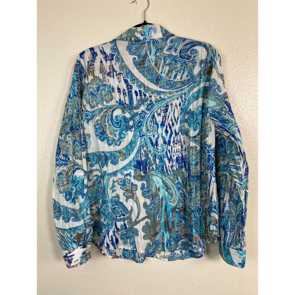 Chicos 2 Womens Paisley Button Up Top Size Large Crinkle Western Boho Blue Artsy - Picture 2 of 15